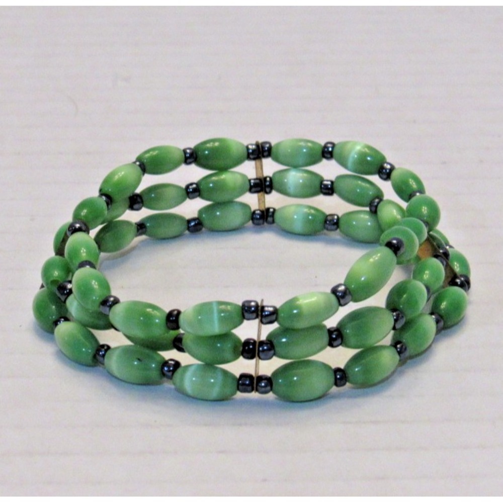Vintage Green Cats Eye Bead 3 Row Memory Wire Coil Bracelet Adjustable